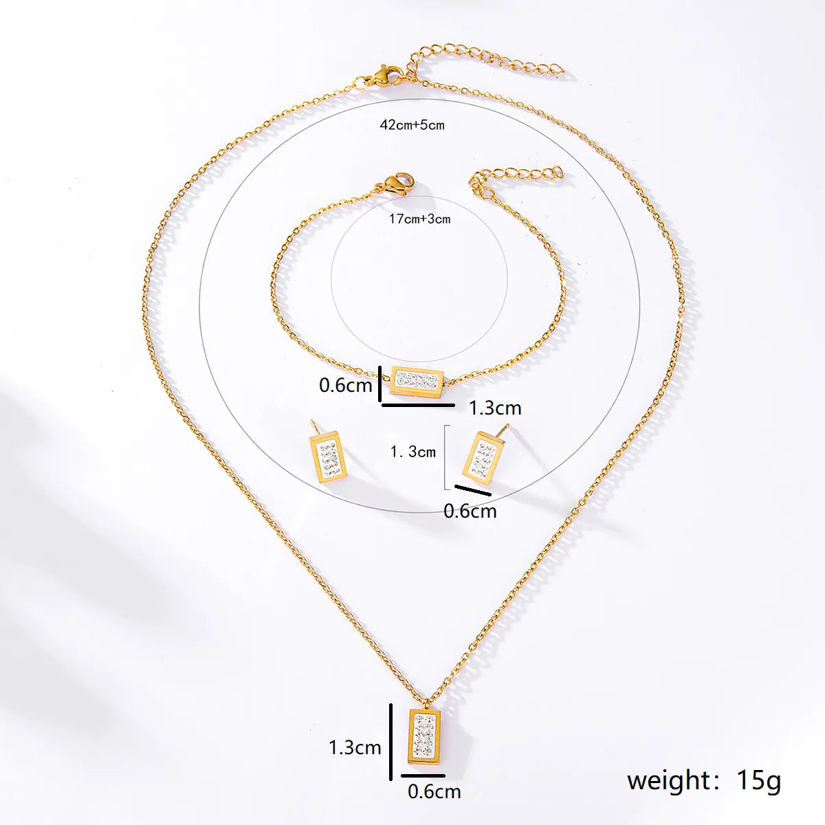 201 Stainless Steel 18K Gold Plated Fashion Plating Rectangle Zircon Bracelets Earrings Necklace