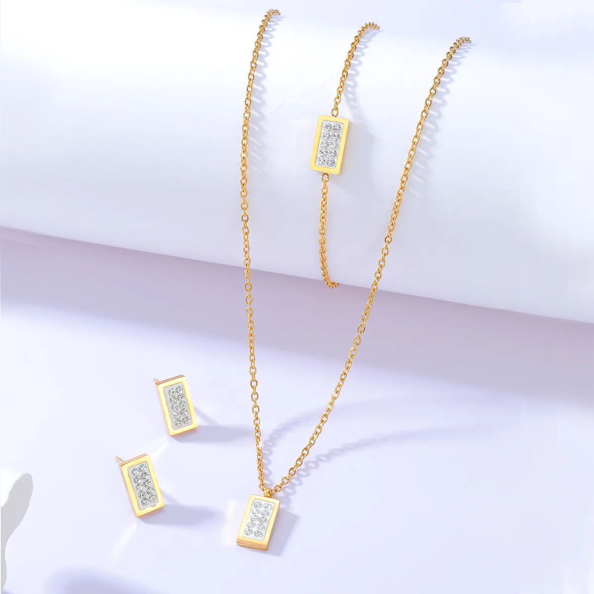 201 Stainless Steel 18K Gold Plated Fashion Plating Rectangle Zircon Bracelets Earrings Necklace