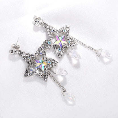 Fashion Simple Shining Rhinestone Crystal Water Drop Tassel Star Stud Earrings