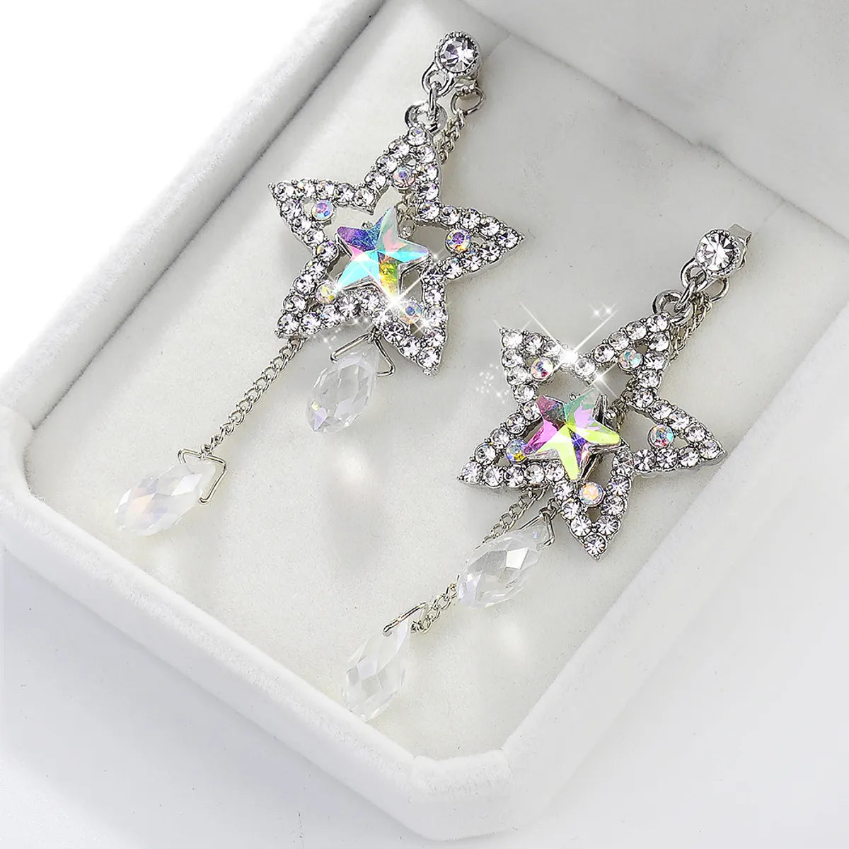 Fashion Simple Shining Rhinestone Crystal Water Drop Tassel Star Stud Earrings