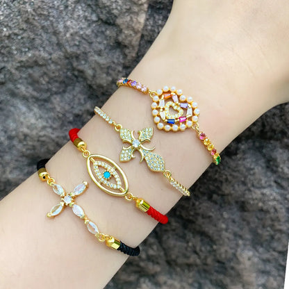 Fashion Simple Style Cross Devil's Eye Heart Shape Copper Plating Inlay Zircon 18k Gold Plated Bracelets