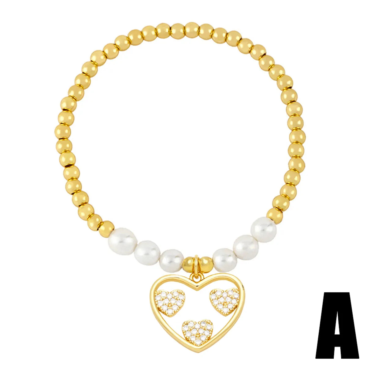 Fashion Simple Style Heart Shape Imitation Pearl Copper Charm Plating Inlay Shell Zircon Bracelets