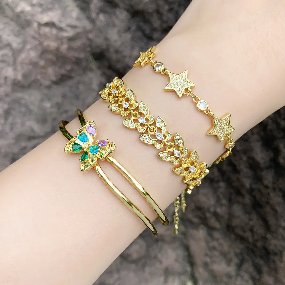 Fashion Simple Style Star Butterfly Copper Plating Inlay Zircon 18k Gold Plated Bracelets