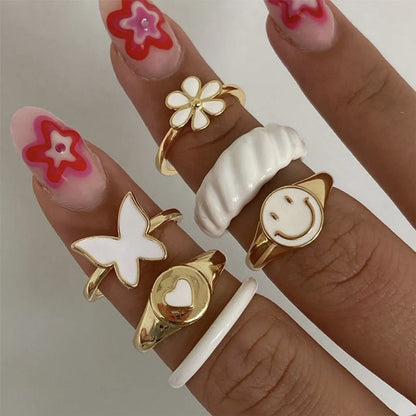 Fashion Smile Face Flower Butterfly Alloy Plating Women'S Rings 1 Set