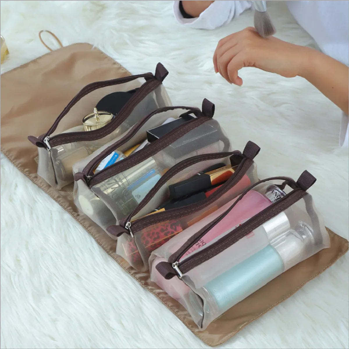 Fashion Solid Color Polyester Large Capacity Transparent Cosmetic Bag