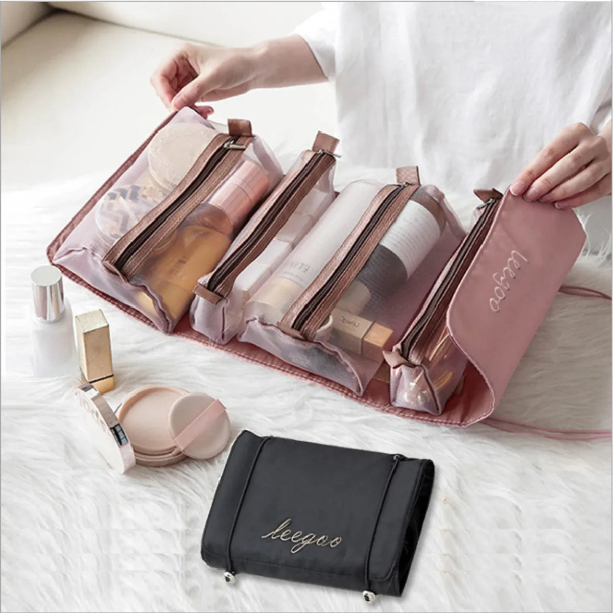 Fashion Solid Color Polyester Large Capacity Transparent Cosmetic Bag