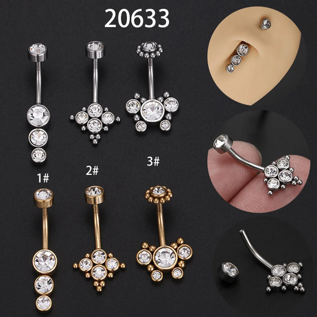 Fashion Solid Color Stainless Steel Inlay Zircon Belly Ring 1 Piece