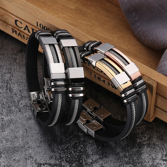 Fashion Solid Color Stainless Steel Silica Gel Plating Men'S Bangle