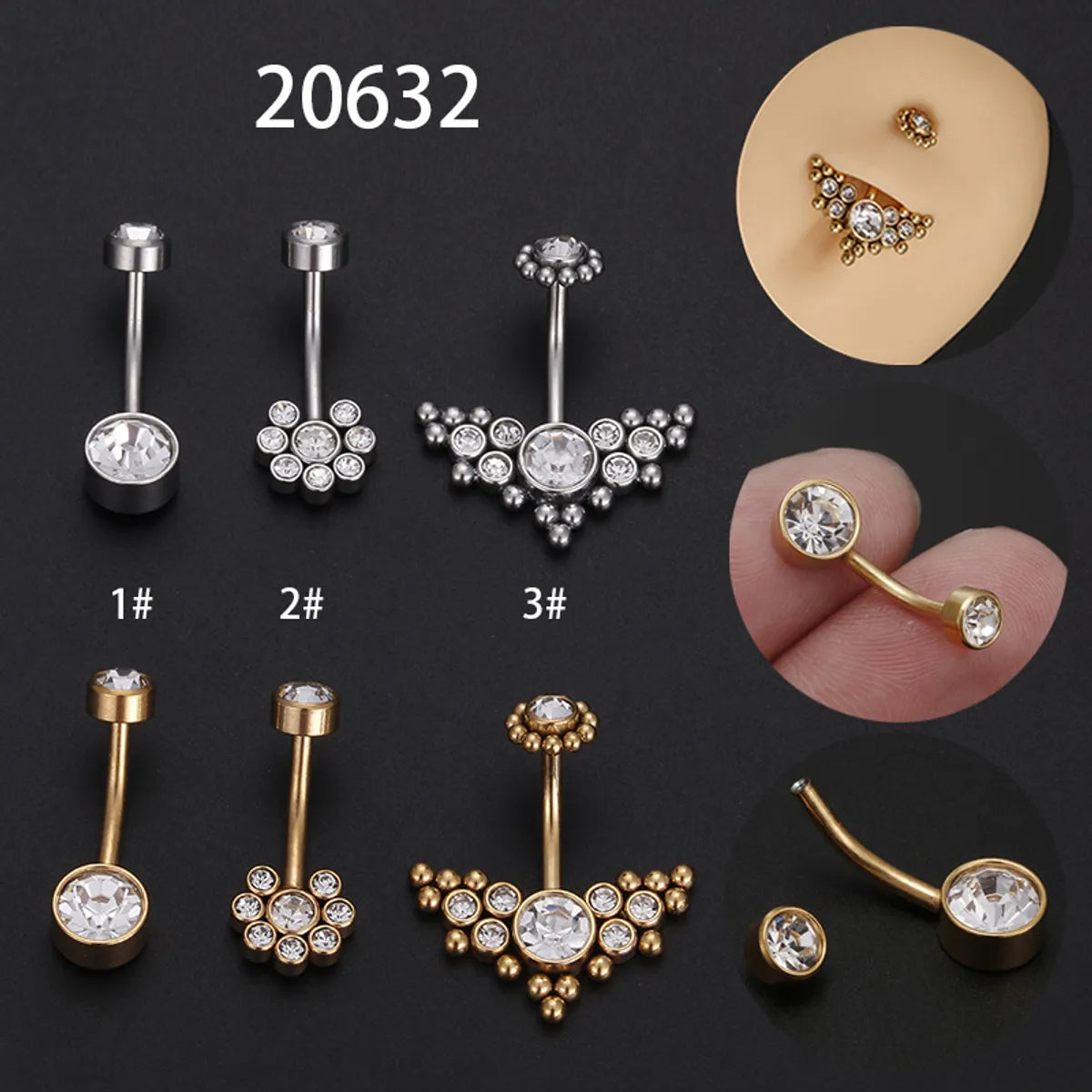 Fashion Solid Color Titanium Steel Rhinestone Belly Ring 1 Piece