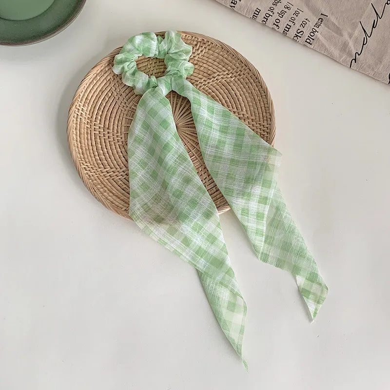 Fashion Spring And Summer Floral Chiffon Hair Band  Plaid Rubber Band Headdress