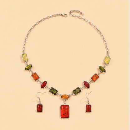 Fashion Square Alloy Inlay Resin Women'S Earrings Necklace 1 Set