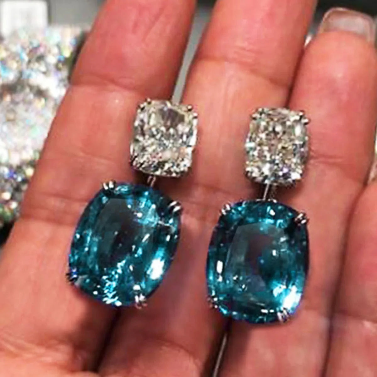 Fashion Square Diamond Zircon Earrings Peacock Blue Crystal Copper Earrings