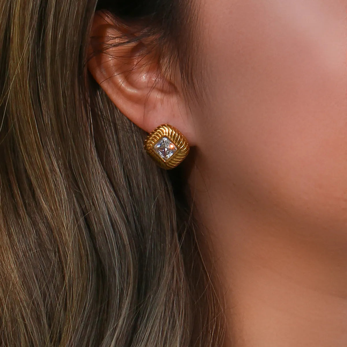 Fashion Square Plating Inlay Stainless Steel Zircon Gold Plated Ear Studs