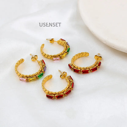 Fashion Square Stainless Steel Inlay Zircon Hoop Earrings 1 Pair