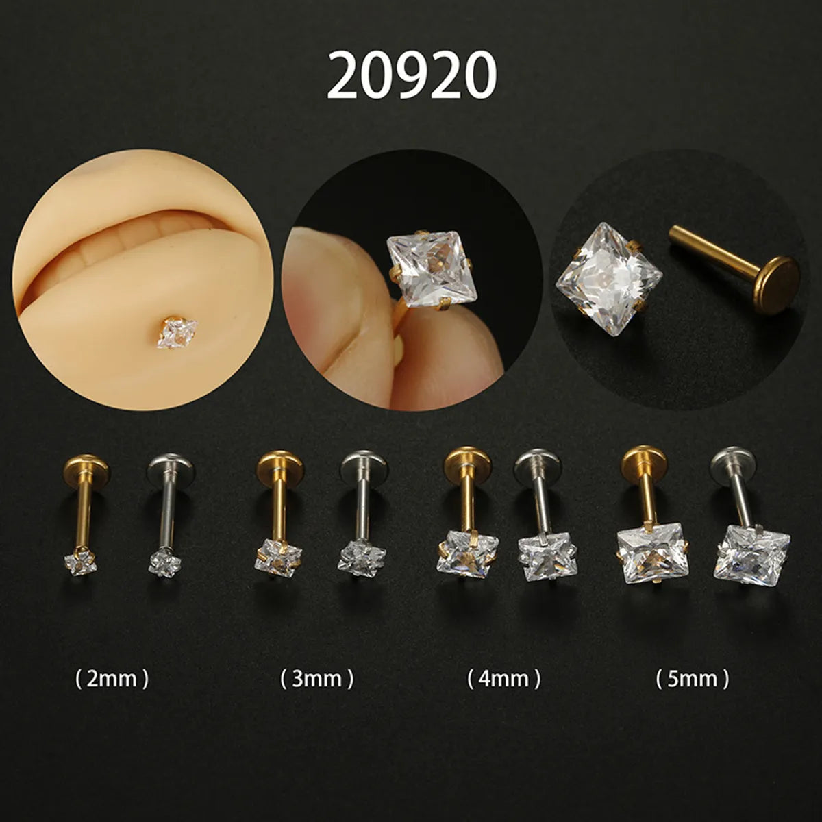 Fashion Square Stainless Steel Plating Zircon Lip Stud 1 Piece