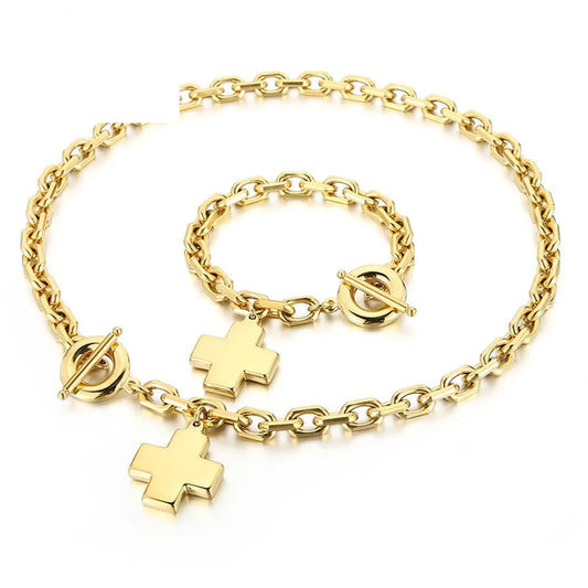 Fashion Stainless Steel 18k Gold Cross Pendant Ot Buckle Jewelry Set