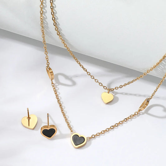 Fashion Stainless Steel Electroplating 18k Gold Heart-shaped Double-layer Necklace Earrings Set