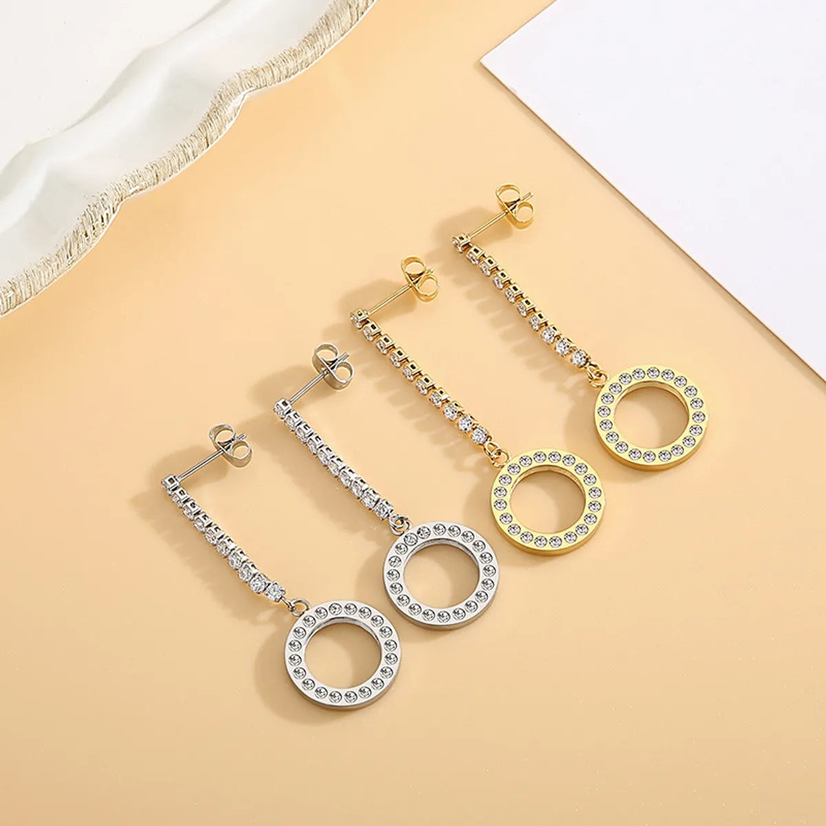 Fashion Stainless Steel Full Diamond Long Women's Creative Hollow Circle Earrings