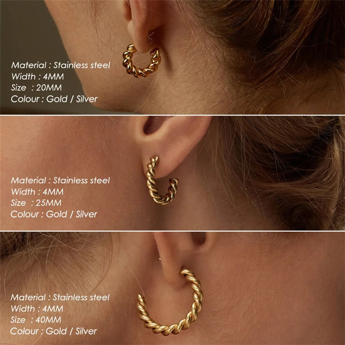 Fashion Stainless Steel Gold-plated C- Shaped Twist Women's Earrings