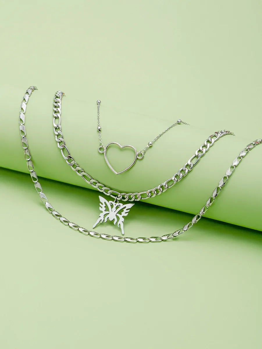 Fashion Stainless Steel Heart Shape Butterfly Necklace Daily 3 Pieces