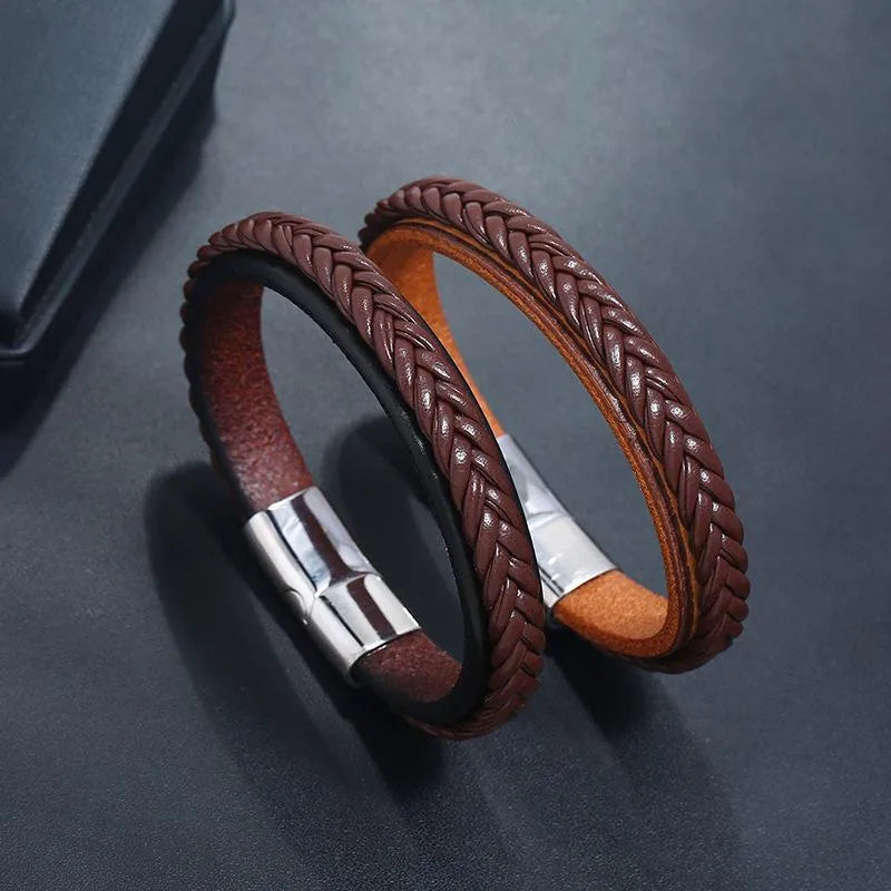 Fashion Stainless Steel Inverted Magnetic Buckle Leather Bracelet Nhpk142786