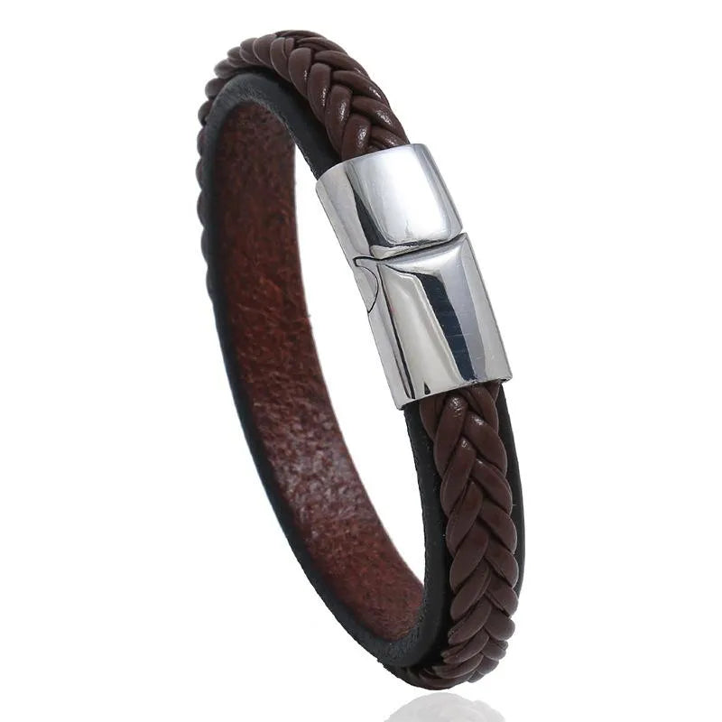 Fashion Stainless Steel Inverted Magnetic Buckle Leather Bracelet Nhpk142786