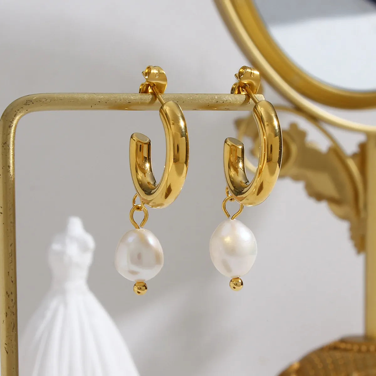 1 Pair Fashion Geometric Plating Stainless Steel Freshwater Pearl 18k Gold Plated Earrings