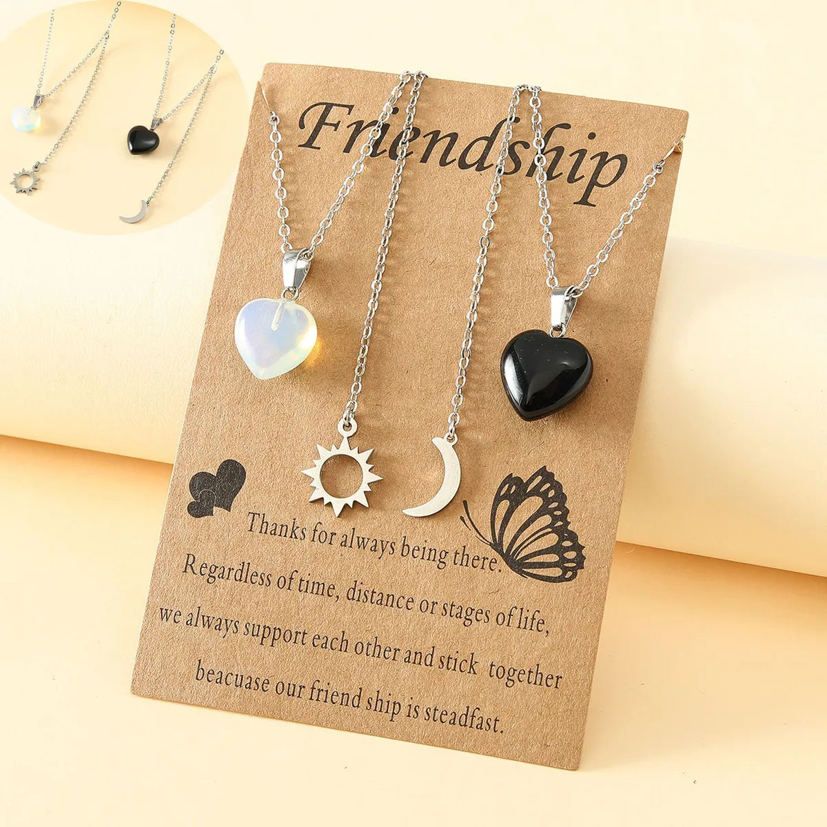 Fashion Stainless Steel Sun And Moon Friendship Card Heart-shaped Natural Stone Clavicle Chain