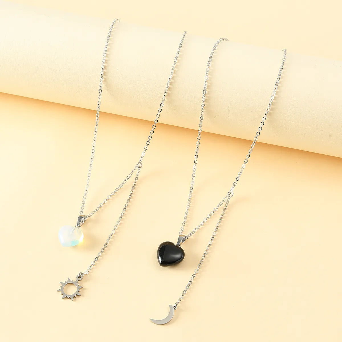 Fashion Stainless Steel Sun And Moon Friendship Card Heart-shaped Natural Stone Clavicle Chain