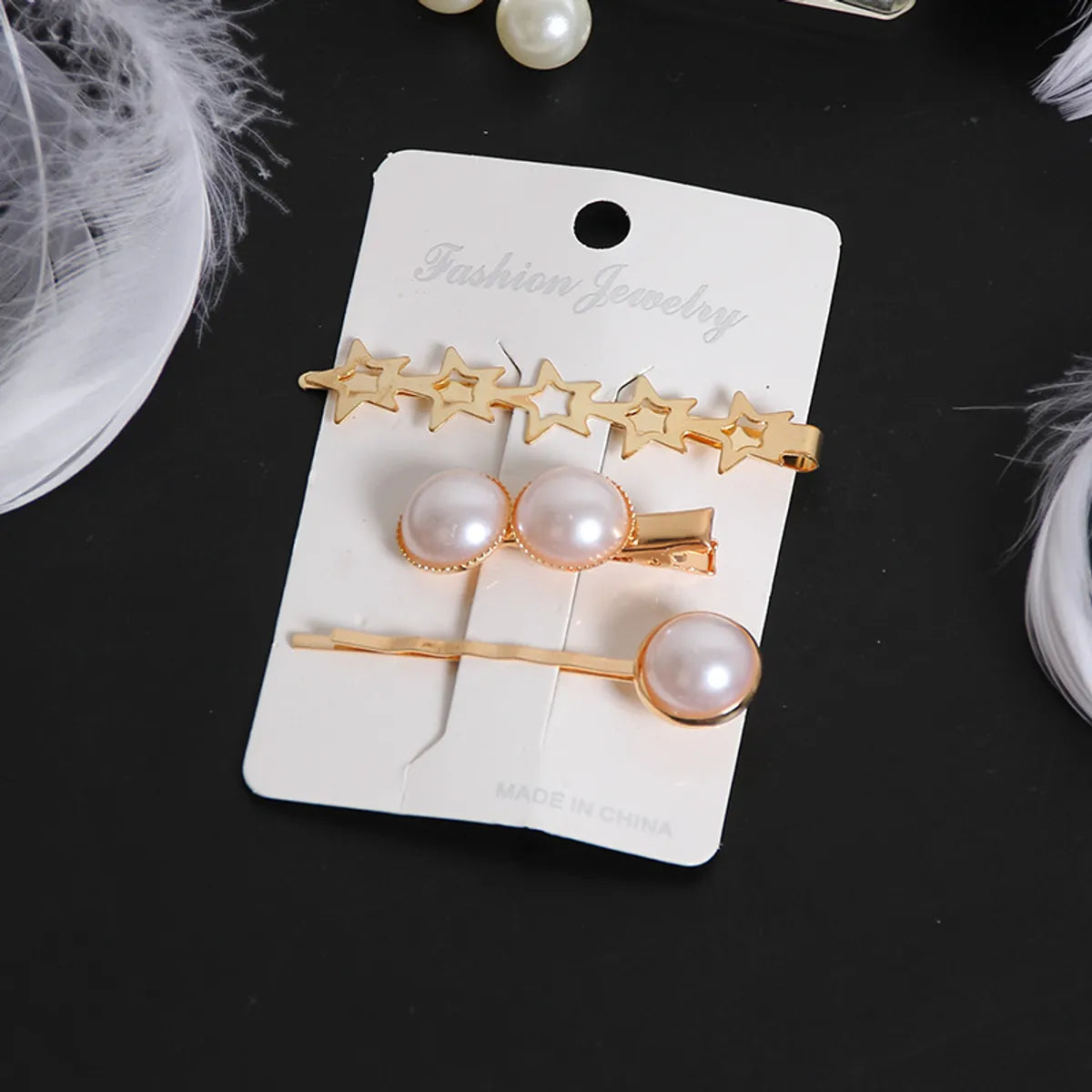 Fashion Star Alloy Inlay Pearl Hair Clip 3 Pieces