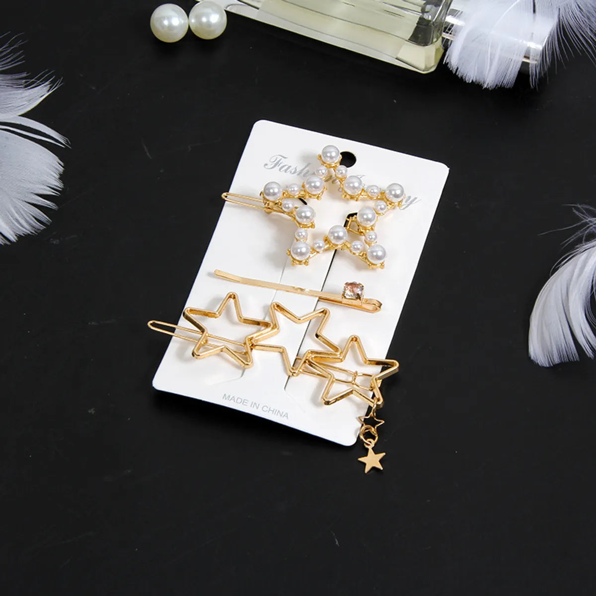 Fashion Star Alloy Inlay Pearl Hair Clip 3 Pieces