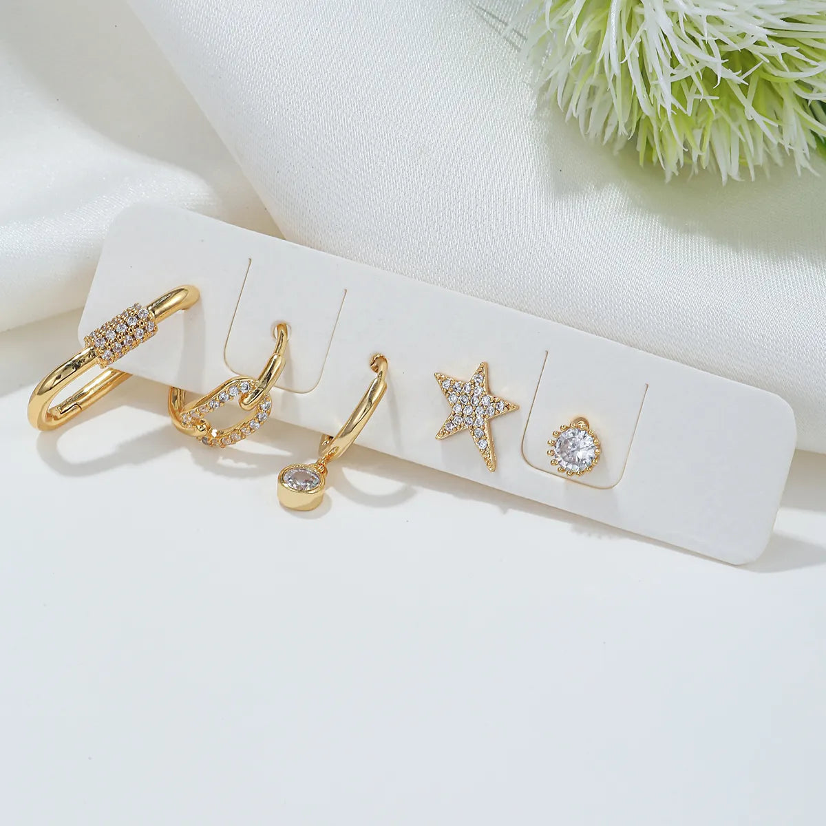 Fashion Star Copper Inlay Zircon Ear Studs 5 Pieces