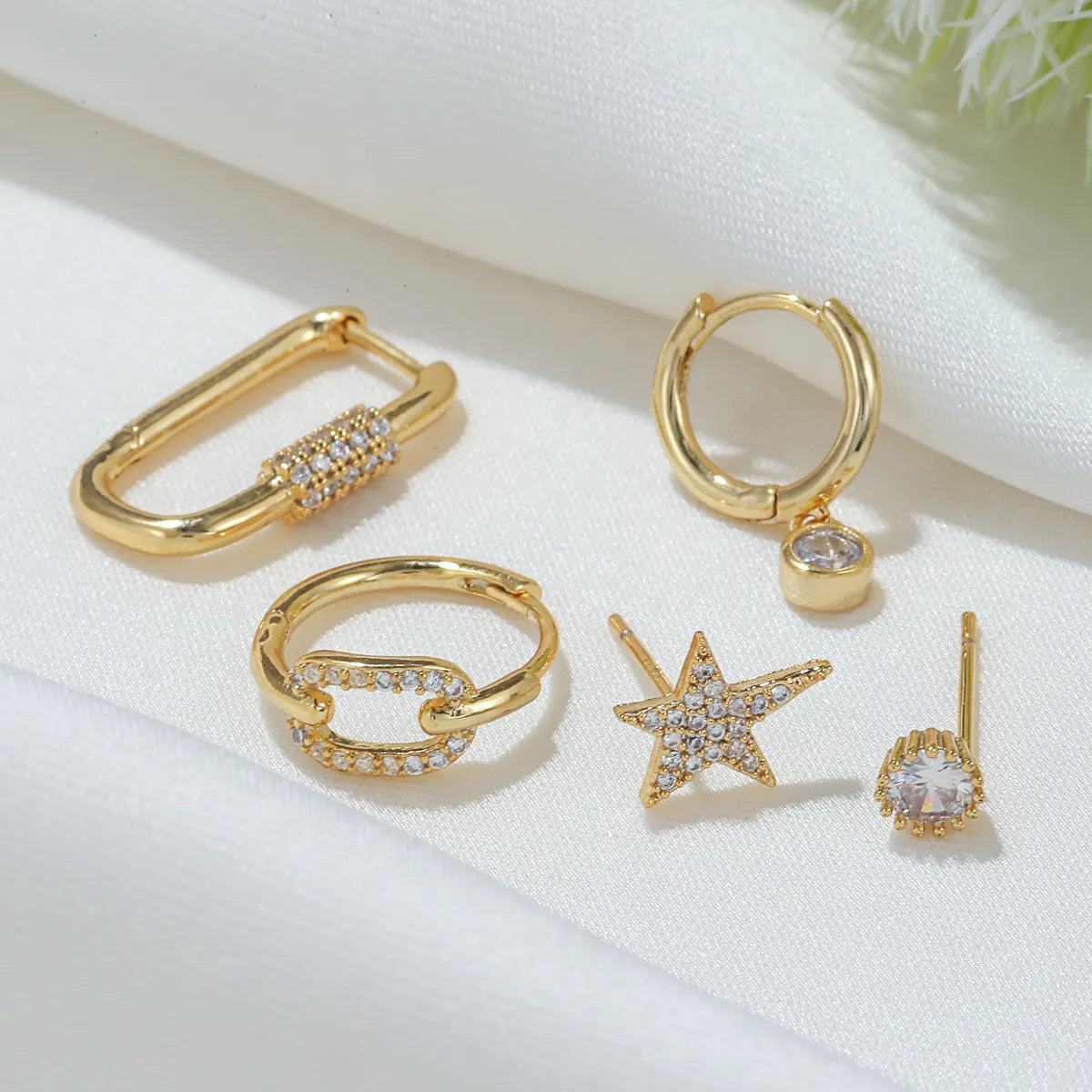 Fashion Star Copper Inlay Zircon Ear Studs 5 Pieces