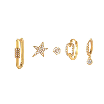 Fashion Star Copper Inlay Zircon Ear Studs 5 Pieces