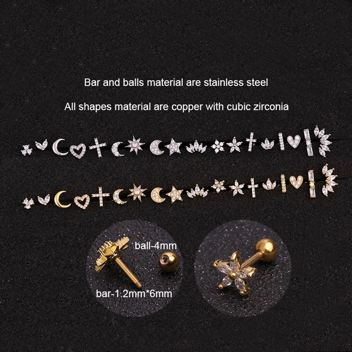 1 Piece Ear Cartilage Rings & Studs Fashion Star Heart Shape 316 Stainless Steel  Copper Plating Inlay Zircon