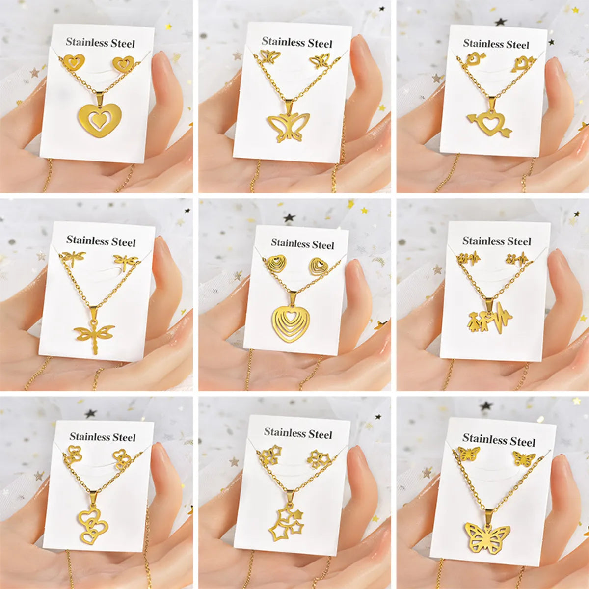 Fashion Star Heart Shape Crown Stainless Steel Inlaid Gold Women's Earrings Necklace 1 Set