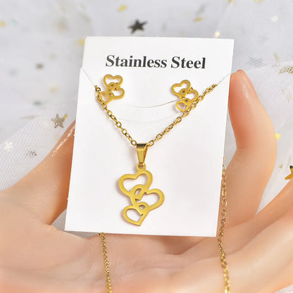 Fashion Star Heart Shape Crown Stainless Steel Inlaid Gold Women's Earrings Necklace 1 Set