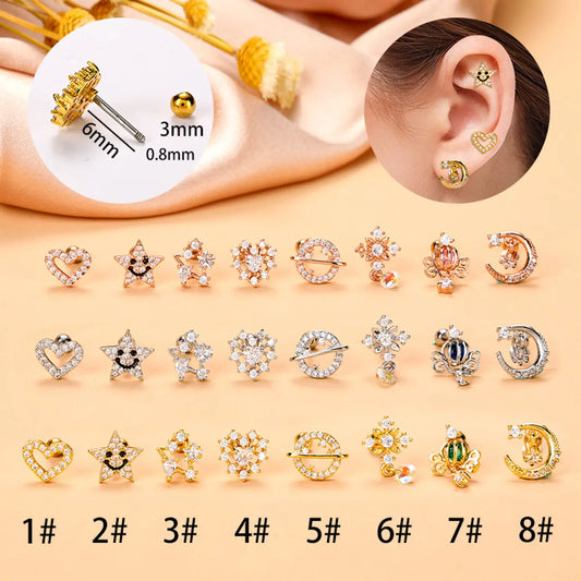 Fashion Star Heart Shape Stainless Steel Plating Zircon Ear Studs 1 Pair