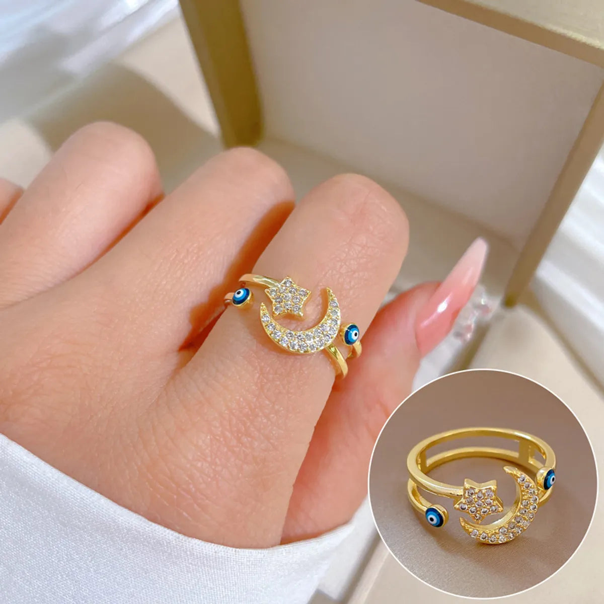 Fashion Star Moon Brass Plating Zircon Open Ring