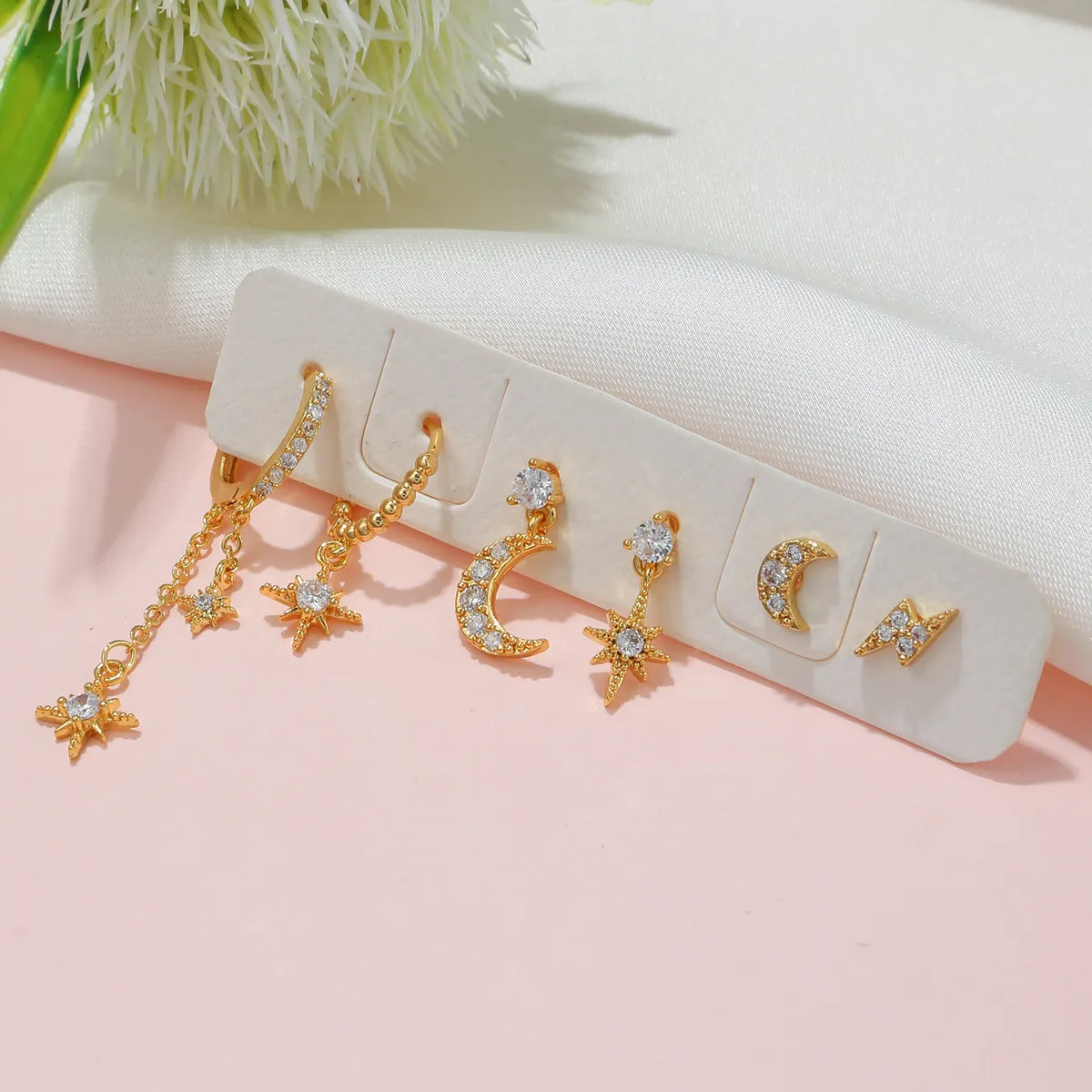 6 Pieces Fashion Star Moon Inlay Copper Artificial Diamond Drop Earrings