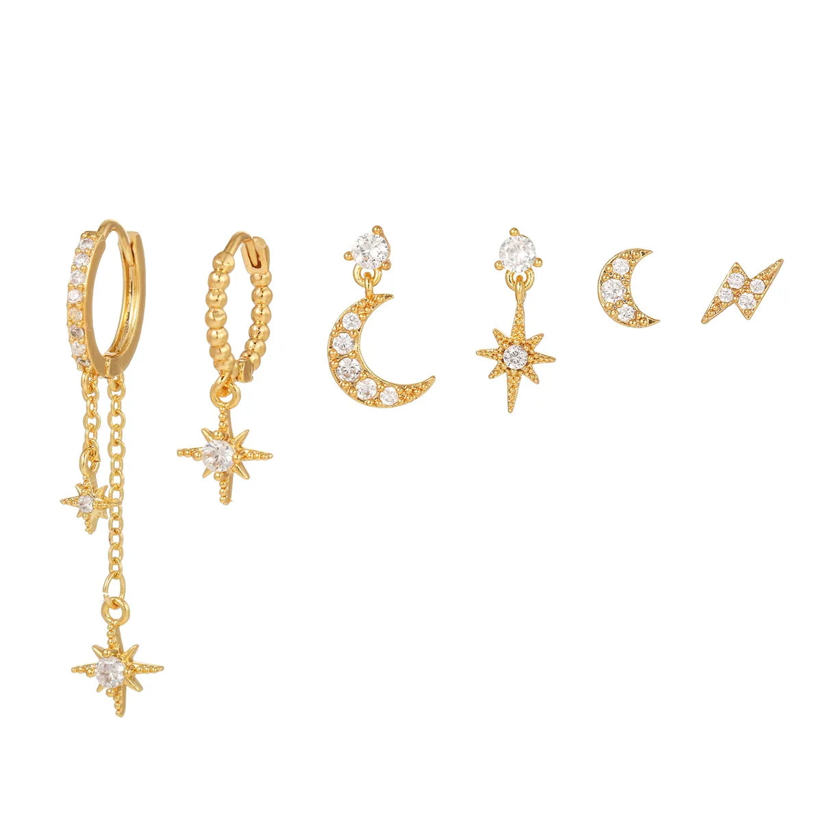 6 Pieces Fashion Star Moon Inlay Copper Artificial Diamond Drop Earrings