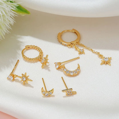 6 Pieces Fashion Star Moon Inlay Copper Artificial Diamond Drop Earrings