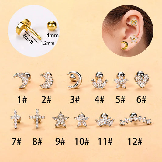 Fashion Star Moon Stainless Steel Plating Zircon Ear Studs 1 Piece