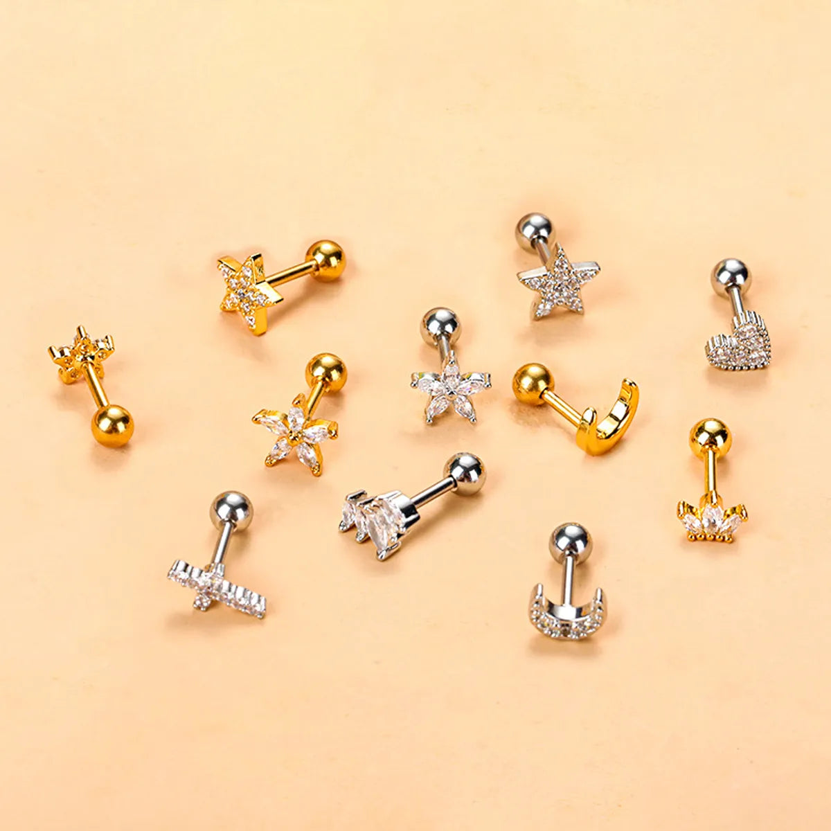 Fashion Star Moon Stainless Steel Plating Zircon Ear Studs 1 Piece