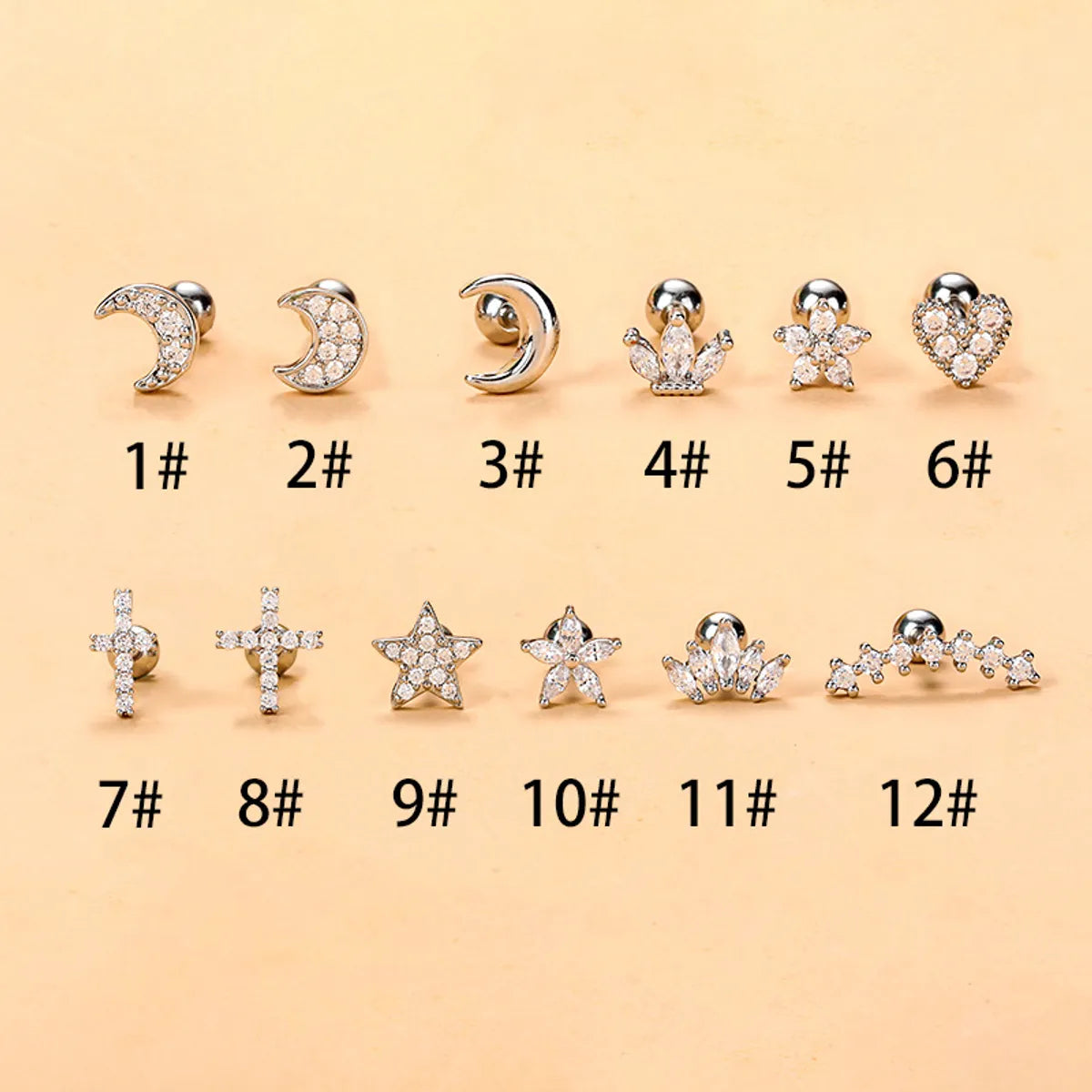 Fashion Star Moon Stainless Steel Plating Zircon Ear Studs 1 Piece