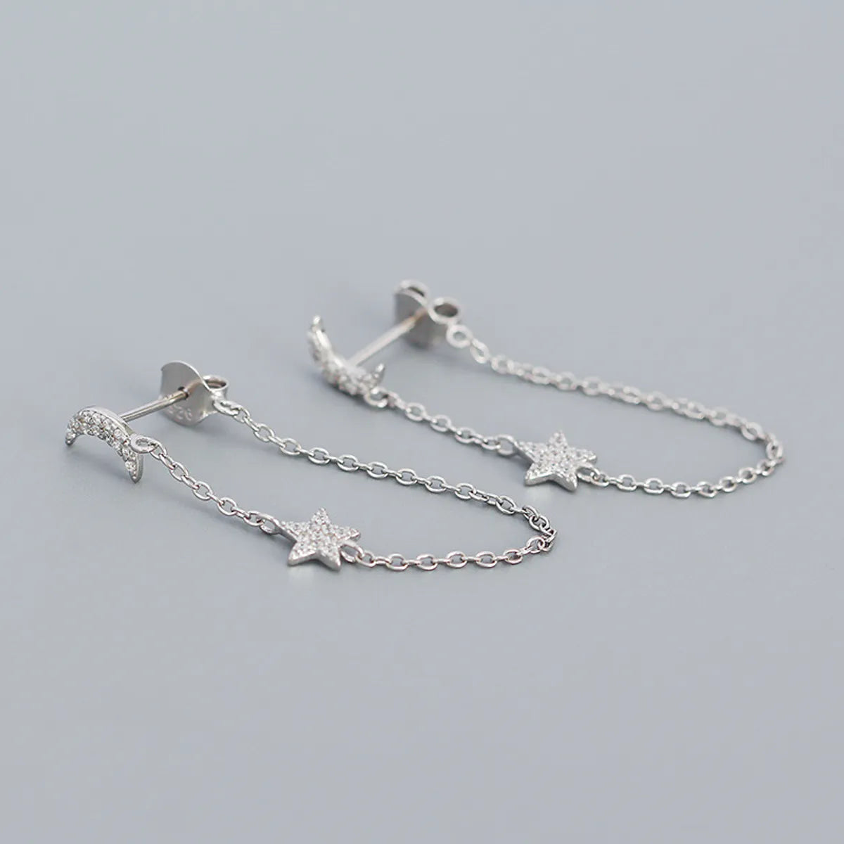 Fashion Star Moon Sterling Silver Ear Studs Plating Chain Zircon 925 Silver Earrings