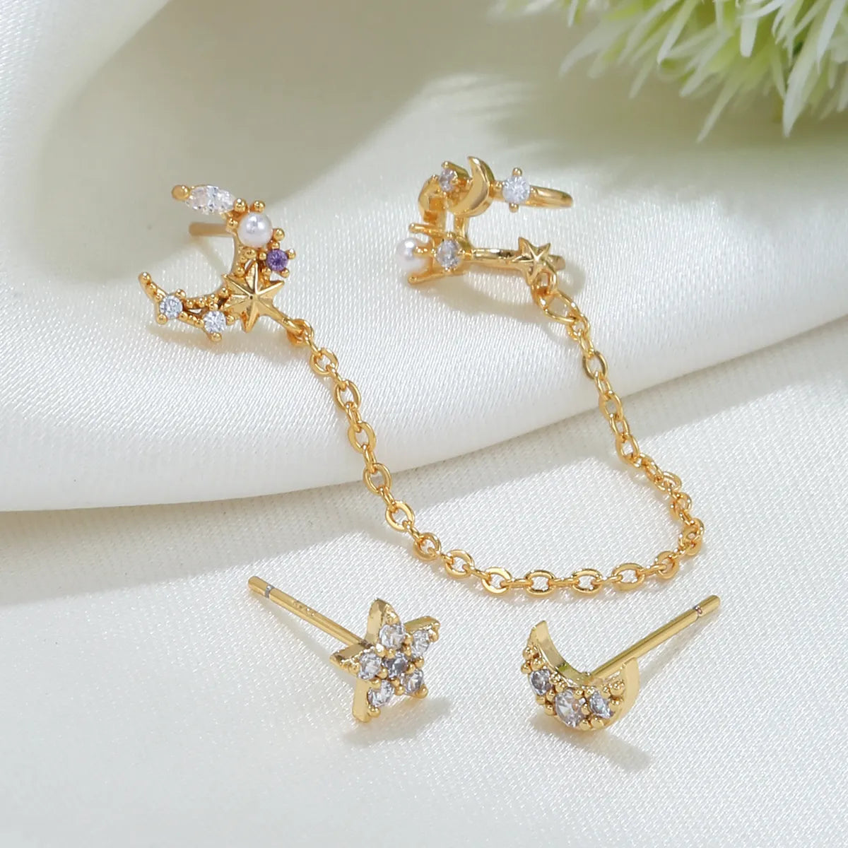 Fashion Star Moon Tassel Copper Inlay Artificial Pearls Zircon Earrings 3 Piece Set