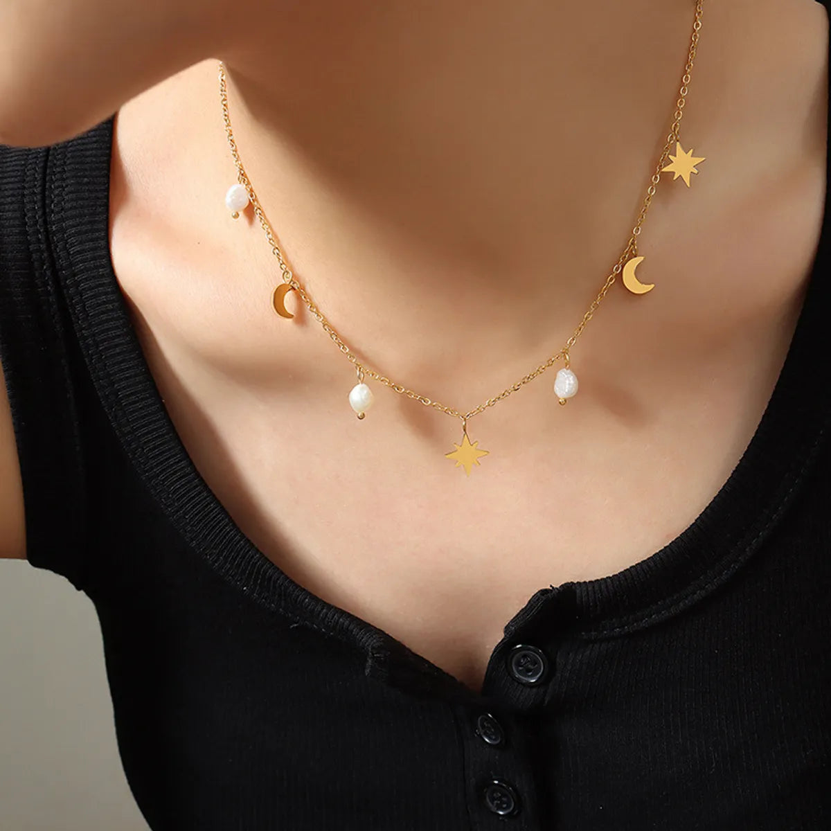 Fashion Star Moon Titanium Steel Pearl Plating Necklace