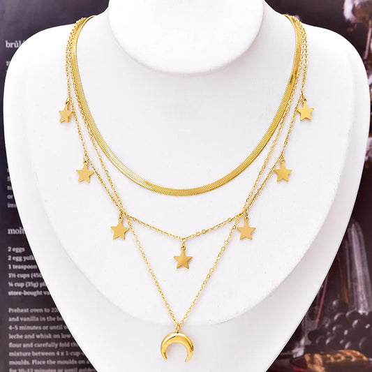 Fashion Star Moon Titanium Steel Plating Zircon Layered Necklaces 1 Piece