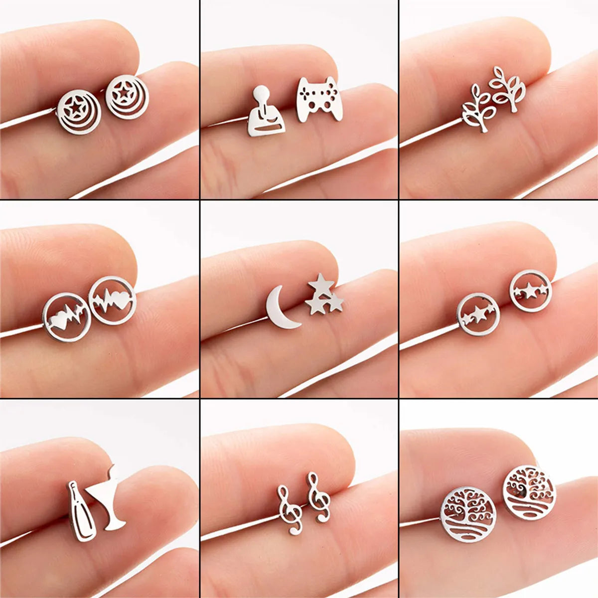 Fashion Star Moon Tree Stainless Steel Plating Hollow Out Ear Studs 1 Pair